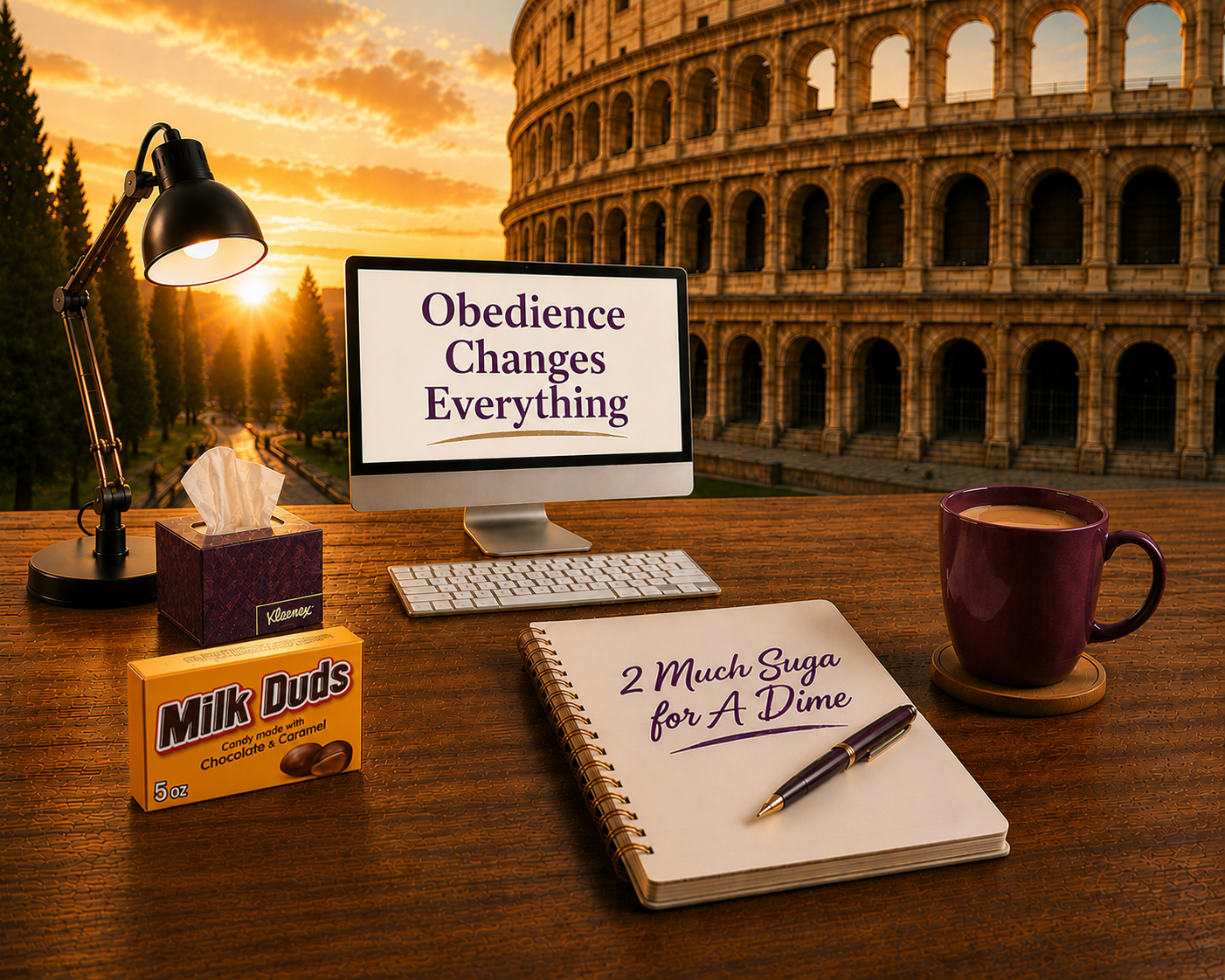 Obedience Changes Everything — computer desk with 2 Much Suga for a Dime